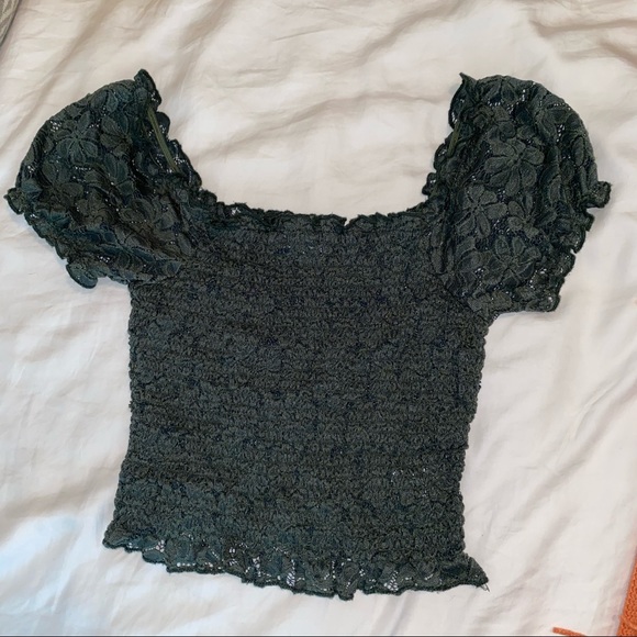 dark green off the shoulder lacey crop top - Picture 8 of 8